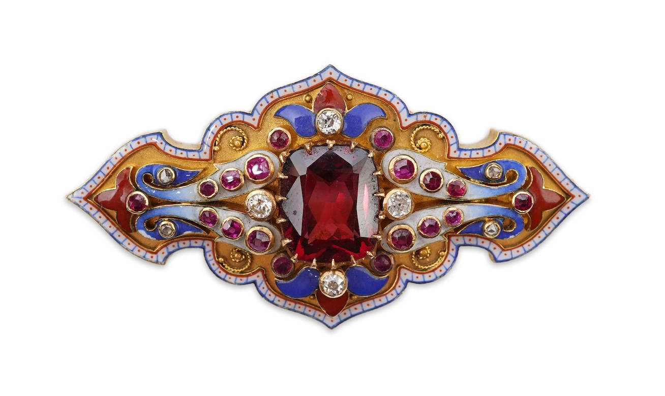 A fine Victorian Renaissance Revival tourmaline, diamond, ruby and enamel brooch, late 19th century